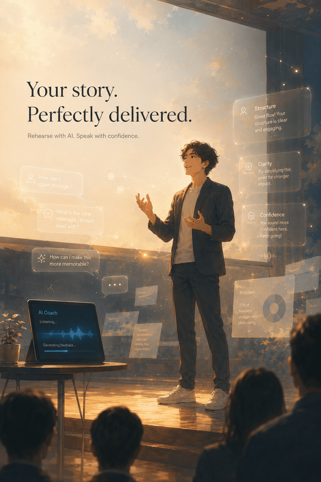 A presenter rehearsing on stage with AI coaching feedback — Rehearz
